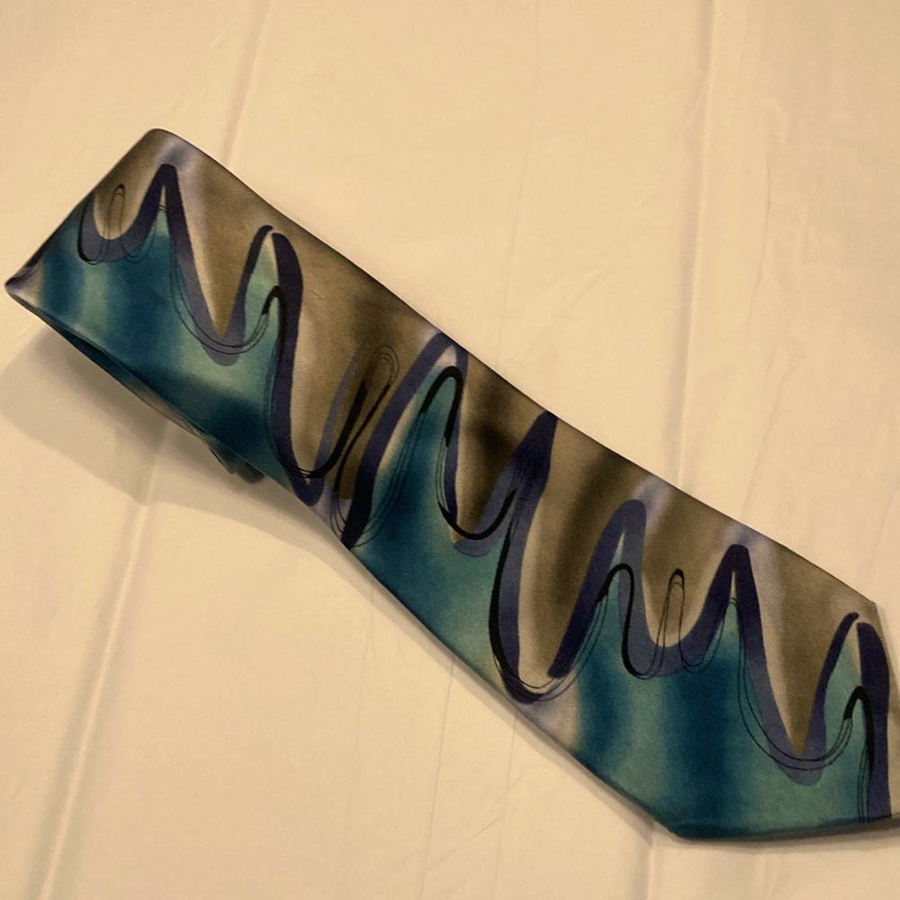 J. Garcia Floating Planes Silk Tie with Blue and Gray Waves